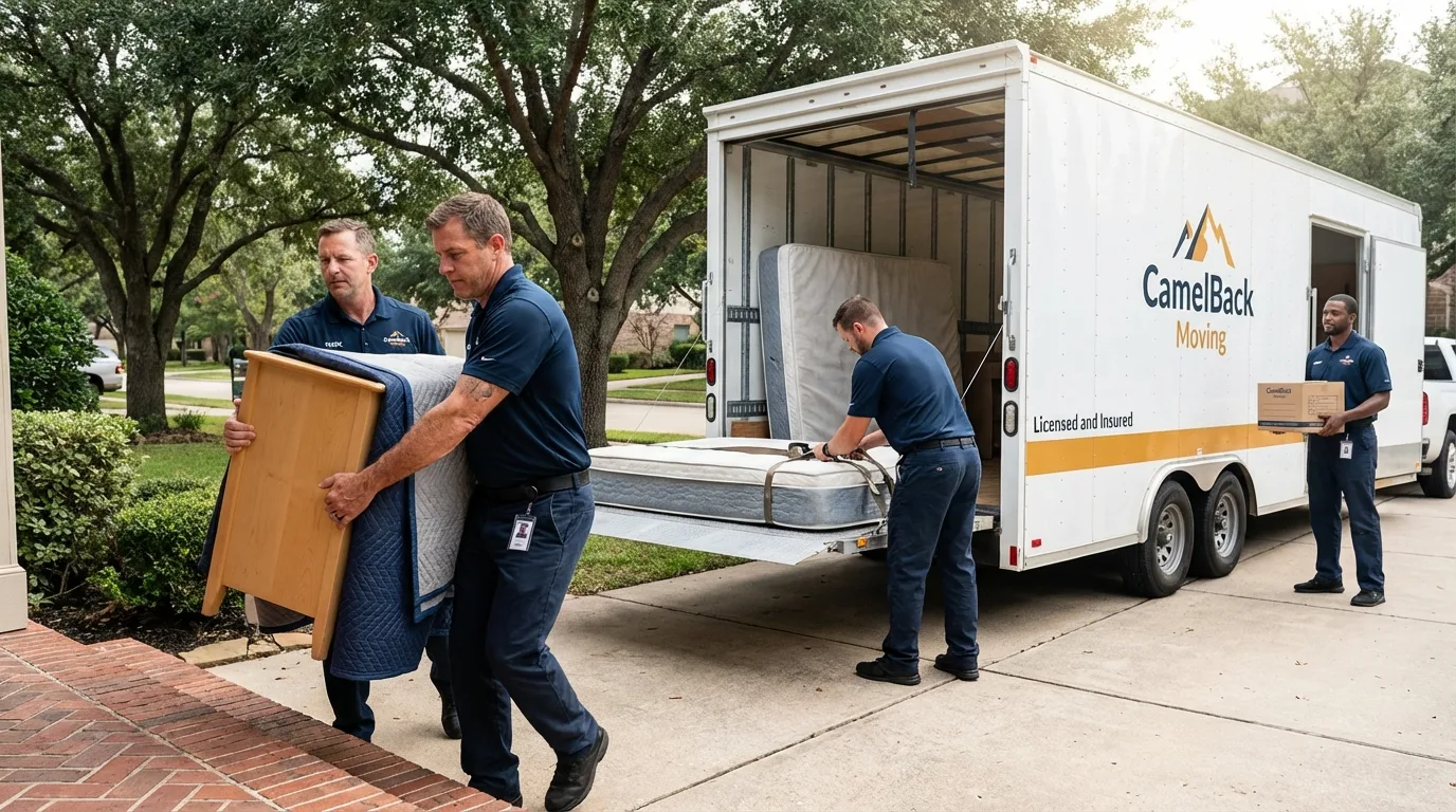 Crew loading residential truck for cross-state move from Woodland Hills, CA
