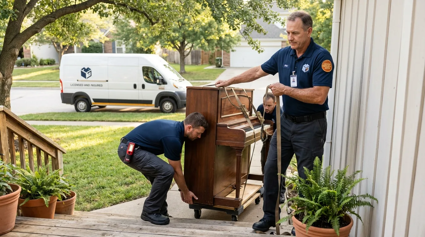 Licensed piano movers securing grand piano in Woodland Hills, CA