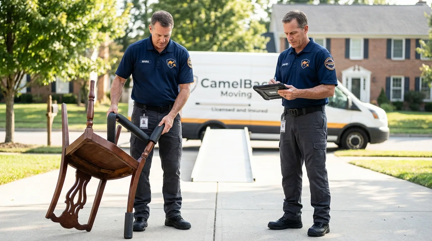 Movers inspecting furniture for damage prevention before loading in Woodland Hills, CA