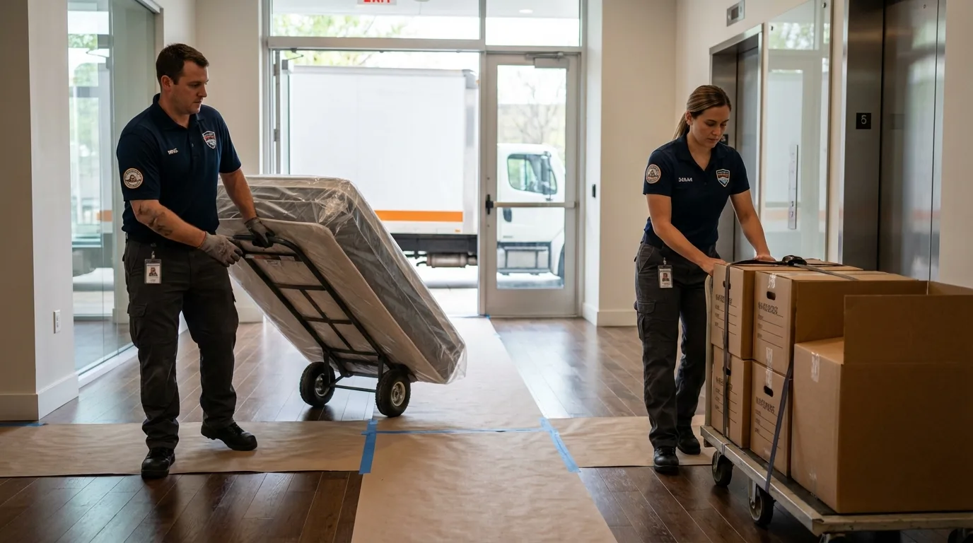 Professional apartment movers loading elevator in Woodland Hills, CA