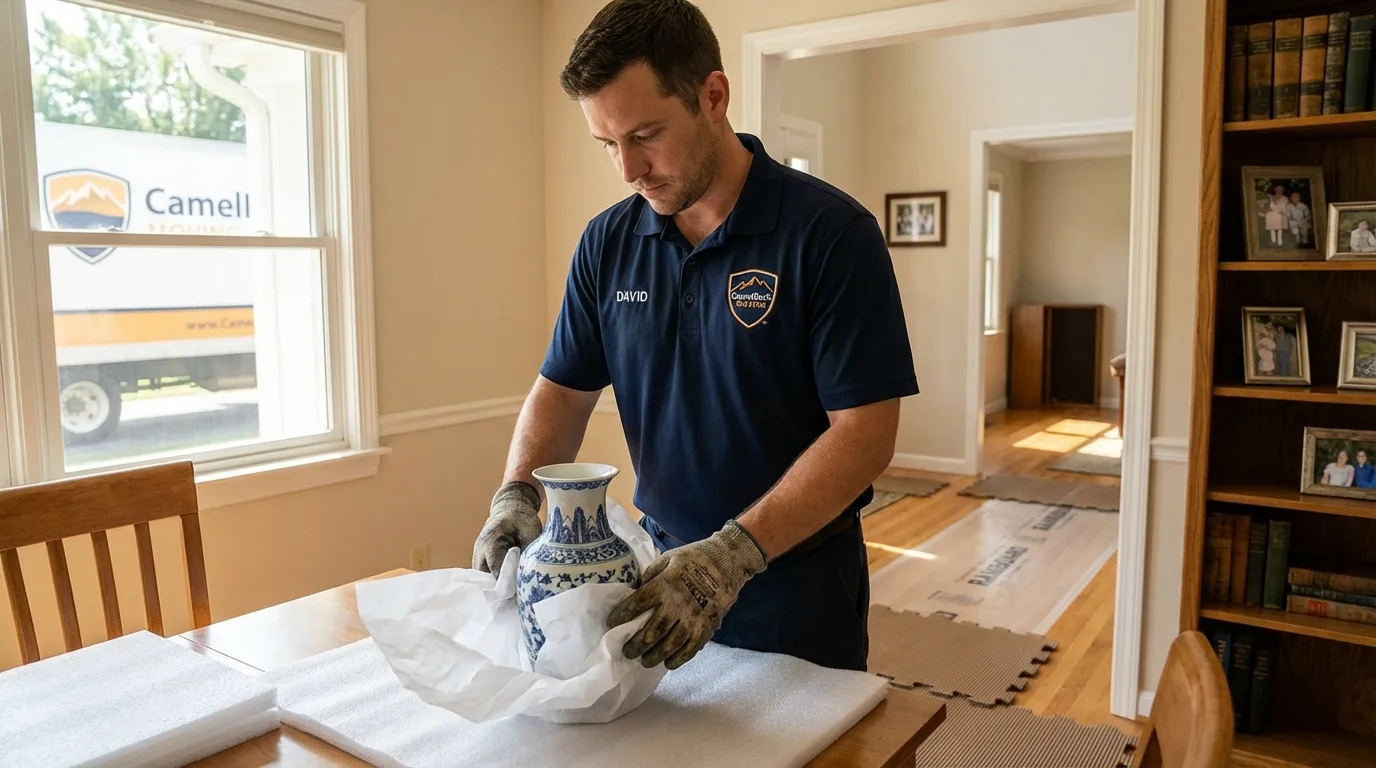 Professional crew carefully wrapping antique vase for senior downsizing move in Woodland Hills, CA